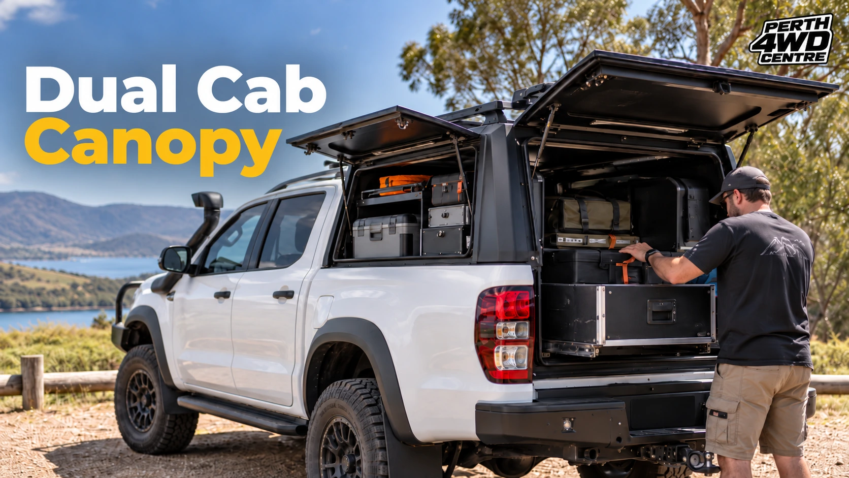 Dual cab canopy on a 4WD ute with organised storage compartments for work tools, camping gear and touring equipment