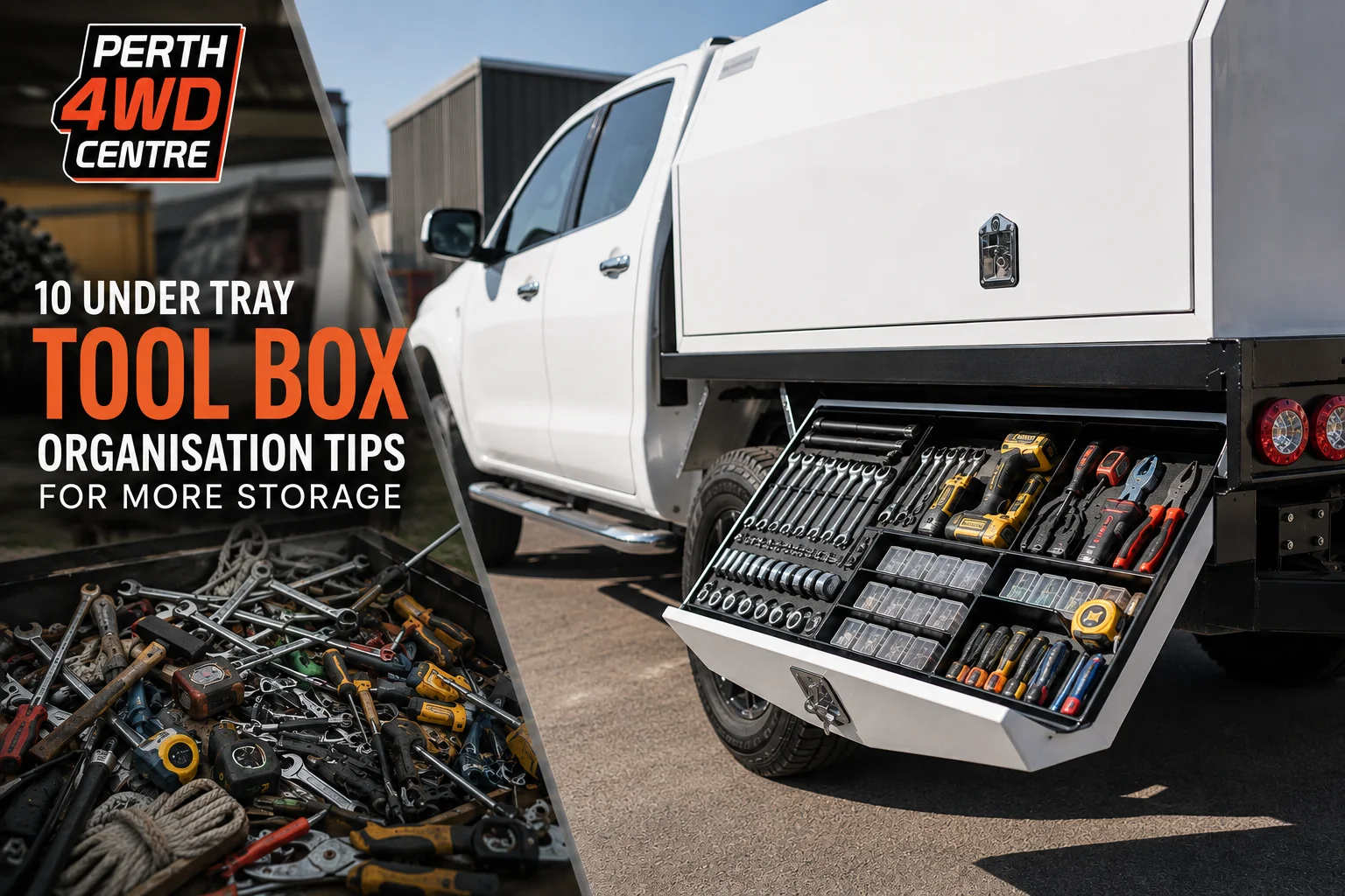 Under tray tool box organisation infographic showing 10 storage tips.
